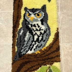 1970s Large Vintage Great Gray Owl Latch Hook Wall‎ Hanging 16x48